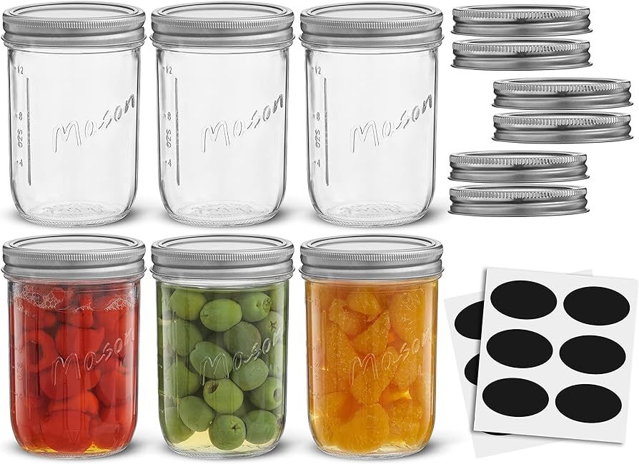 16 Oz Mason Jars With Lids, Labels and Measures! 6-Pack Wide Mouth Mason Jars, Glass Jar with Lid... | Amazon (US)