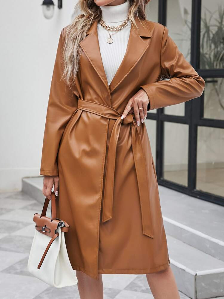 SHEIN Felegant Lapel Neck Belted PU Leather Coat | SHEIN