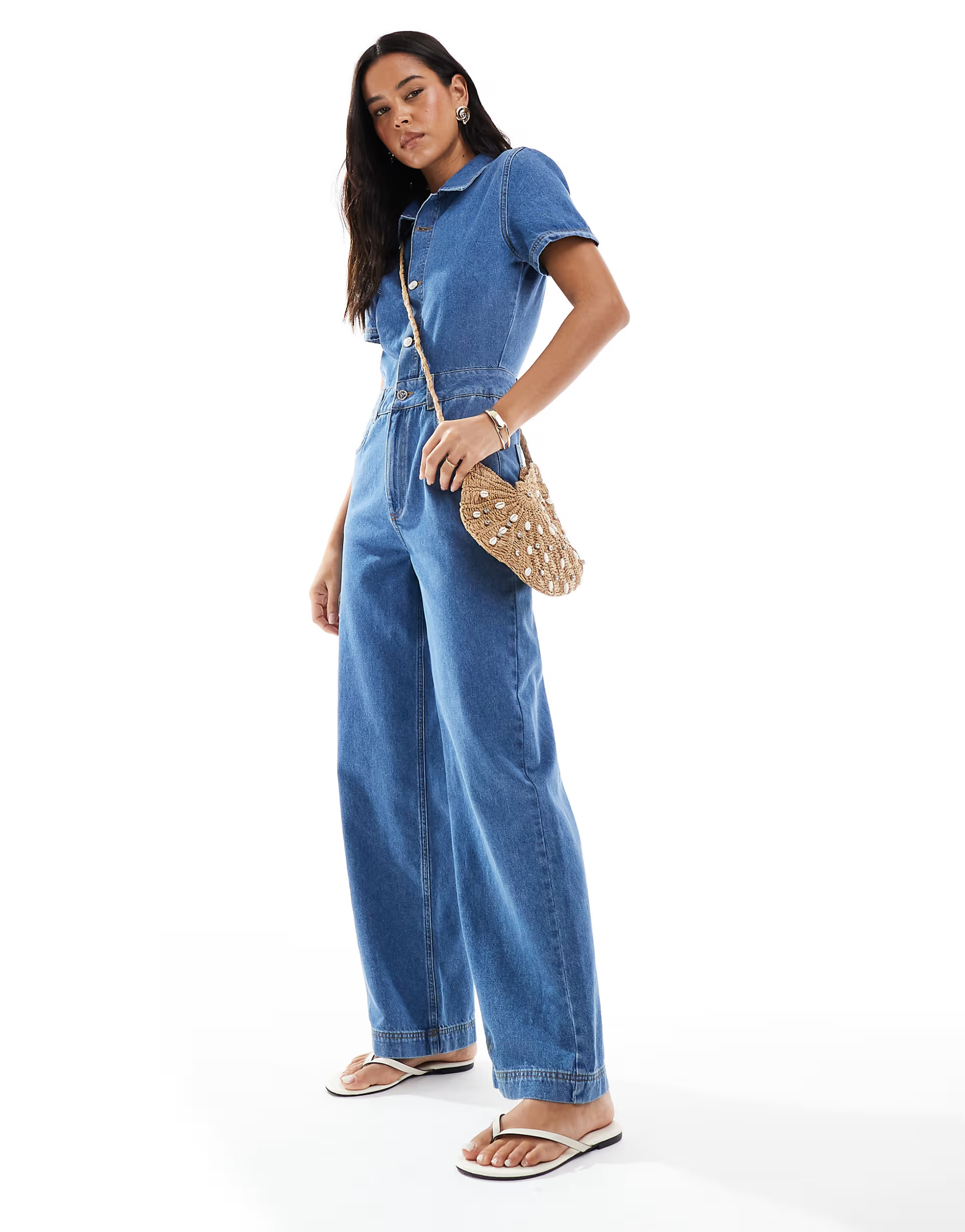 Miss Selfridge short sleeve denim jumpsuit in mid wash | ASOS | ASOS (Global)