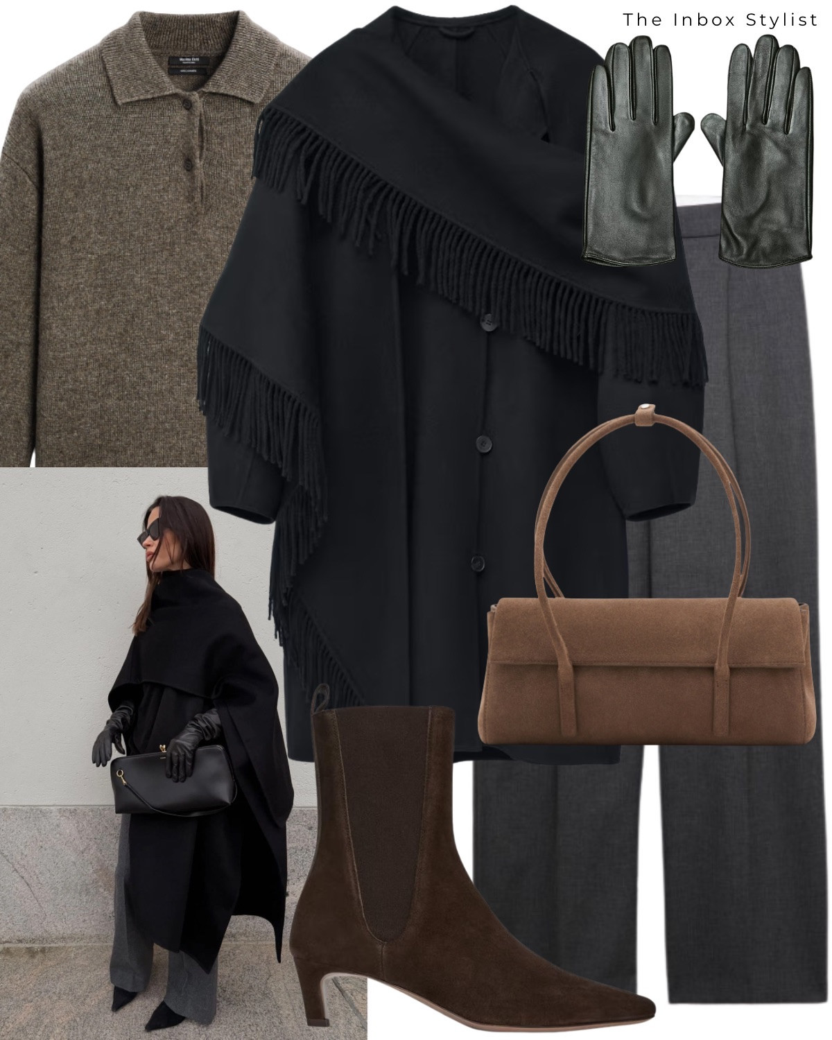 The coat of the season - fringe shawl coat. 

Including black fringe shawl coat, brow polo neck jumper, grey tailored trousers, brown suede handbag, brown suede boots, leather gloves  

#LTKwinter #LTKstyletip #LTKbag