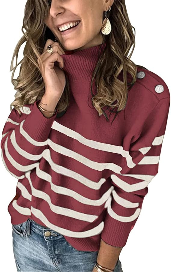 KIRUNDO Winter Women’s Long Sleeves Knit Sweater Turtleneck Striped Print Loose Pullover Tops D... | Amazon (US)