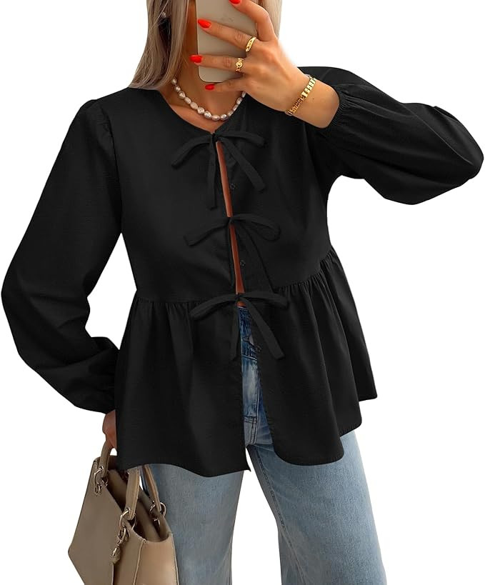 ZESICA Womens Tops Tie Front Long Puff Sleeve Button Peplum Babydoll Cute Shirts 2024 Fall Fashio... | Amazon (US)