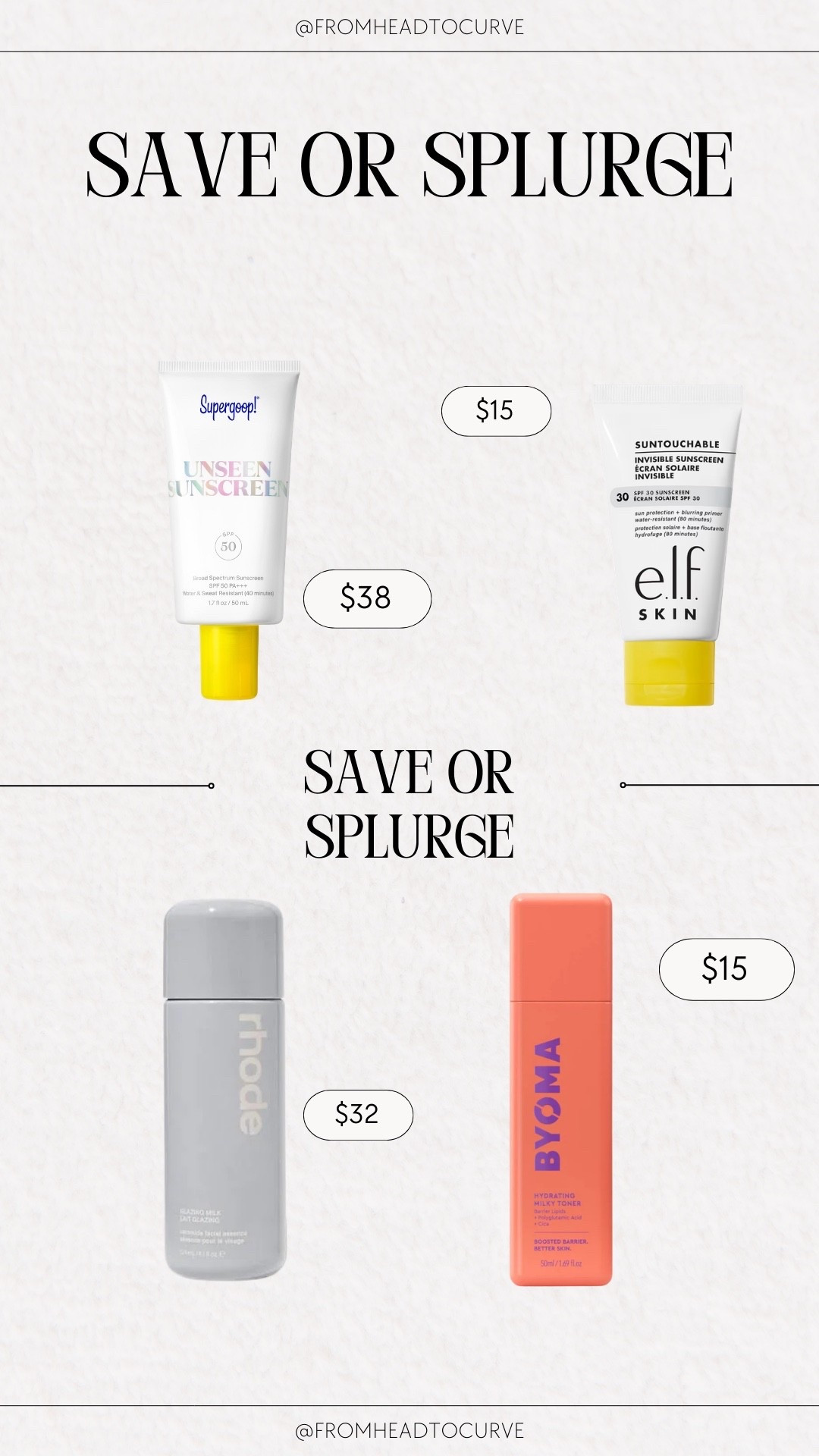✨ Save or Splurge: Skincare Edition 

We’ve all been seeing and loving the Rhode Milky Toner. If you’re looking for a more affordable option, the BYOMA Milky Toner is a great alternative.

And the Supergoop sunscreen we all know and love it, especially the Black girls because it doesn’t leave a cast. If you want a more affordable option, the e.l.f. sunscreen is your new go-to.


#LTKselfcare #LTKBeauty #LTKgrwm