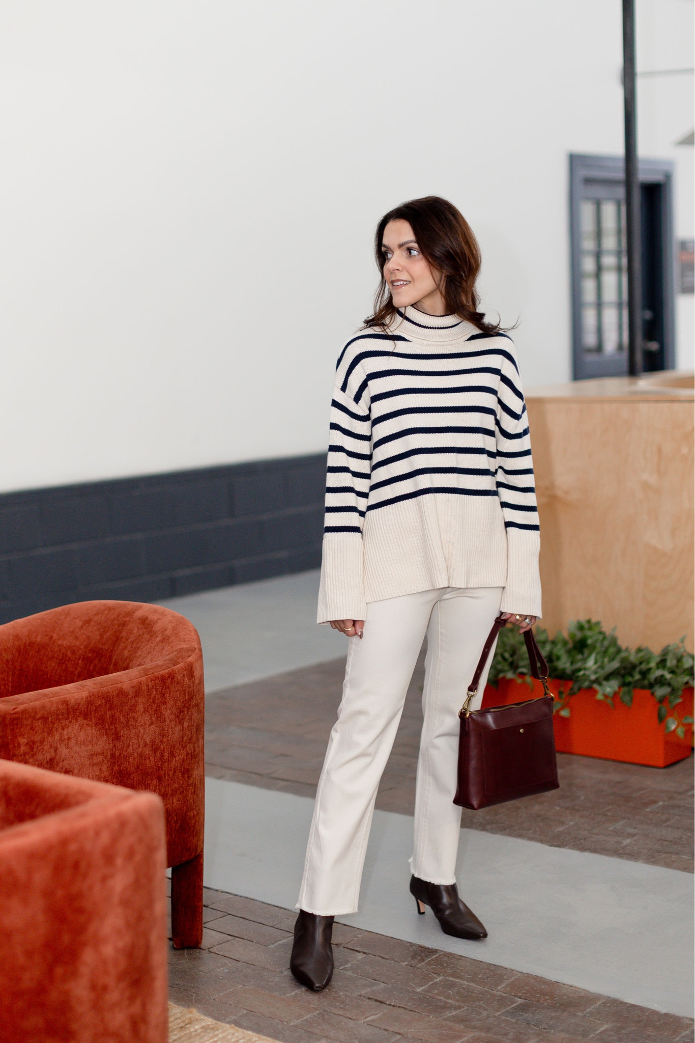 Winter outfit idea: striped turtleneck, white crop straight denim, kitten heel ankle boot

#LTKover40 #LTKstyletip