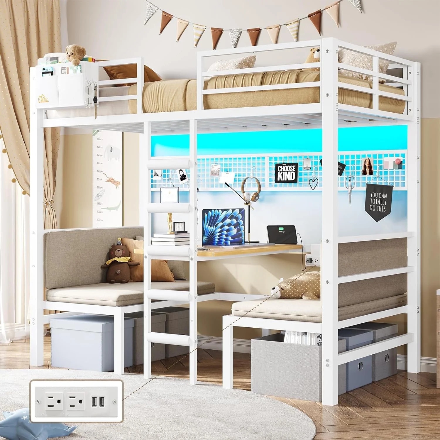 Aunfebrco Bunk Bed Twin Over Twin with Desk & Led Lights & Charging Station, Convertible Metal Bu... | Walmart (US)