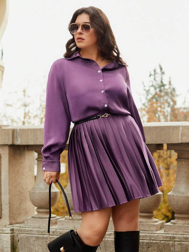 SHEIN Frenchy Plus Solid Blouse & Pleated Skirt Without Belt | SHEIN