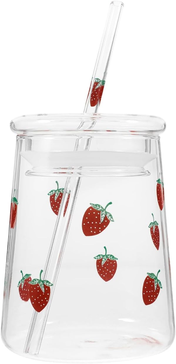 Healifty Strawberry Glass Cups with Lid: 600ML 20oz Cute Clear Drinking Straw Drink Cups Thickene... | Amazon (US)