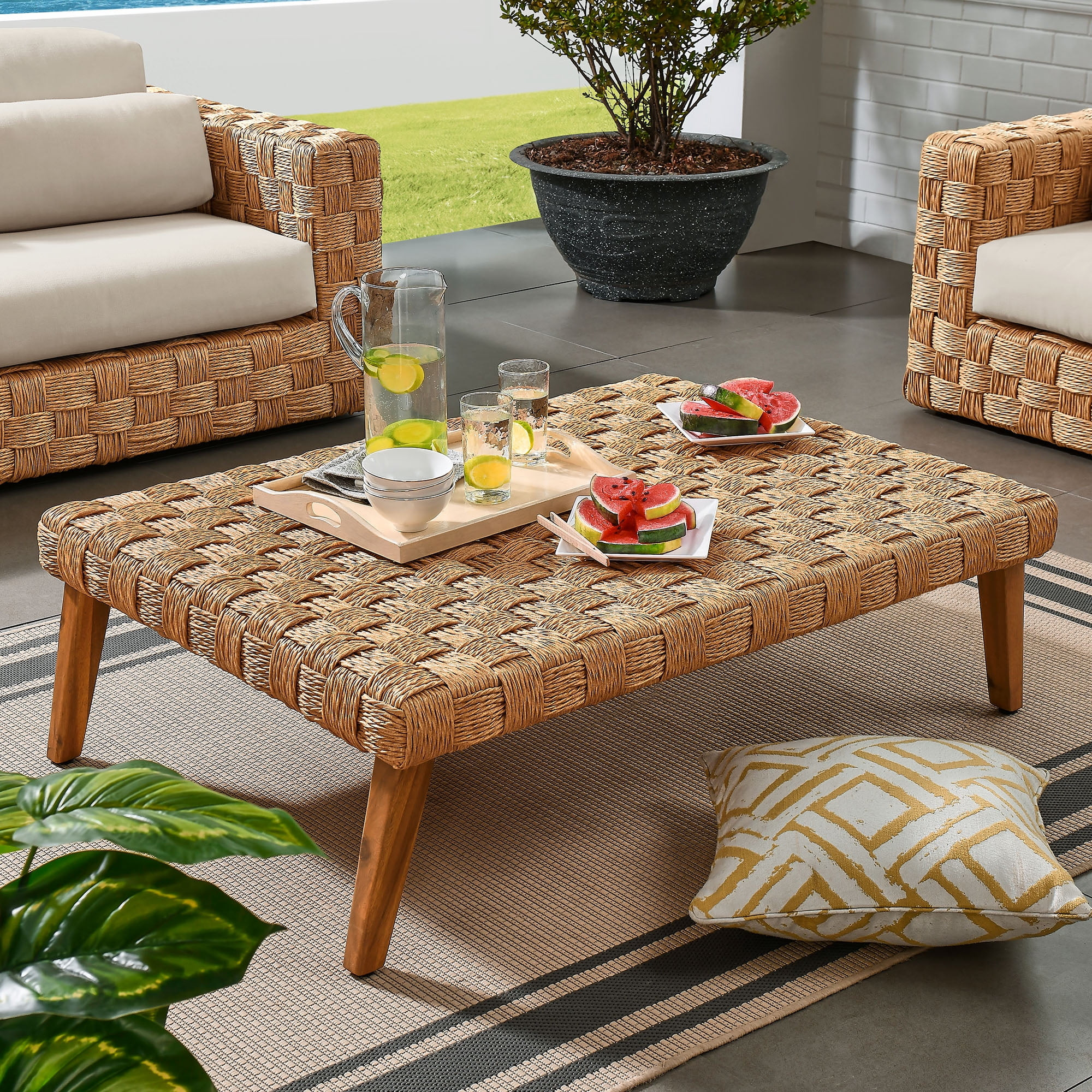 Modway Thames Outdoor Patio Wicker Outdoor Patio Rattan Coffee Table in Natural | Walmart (US)