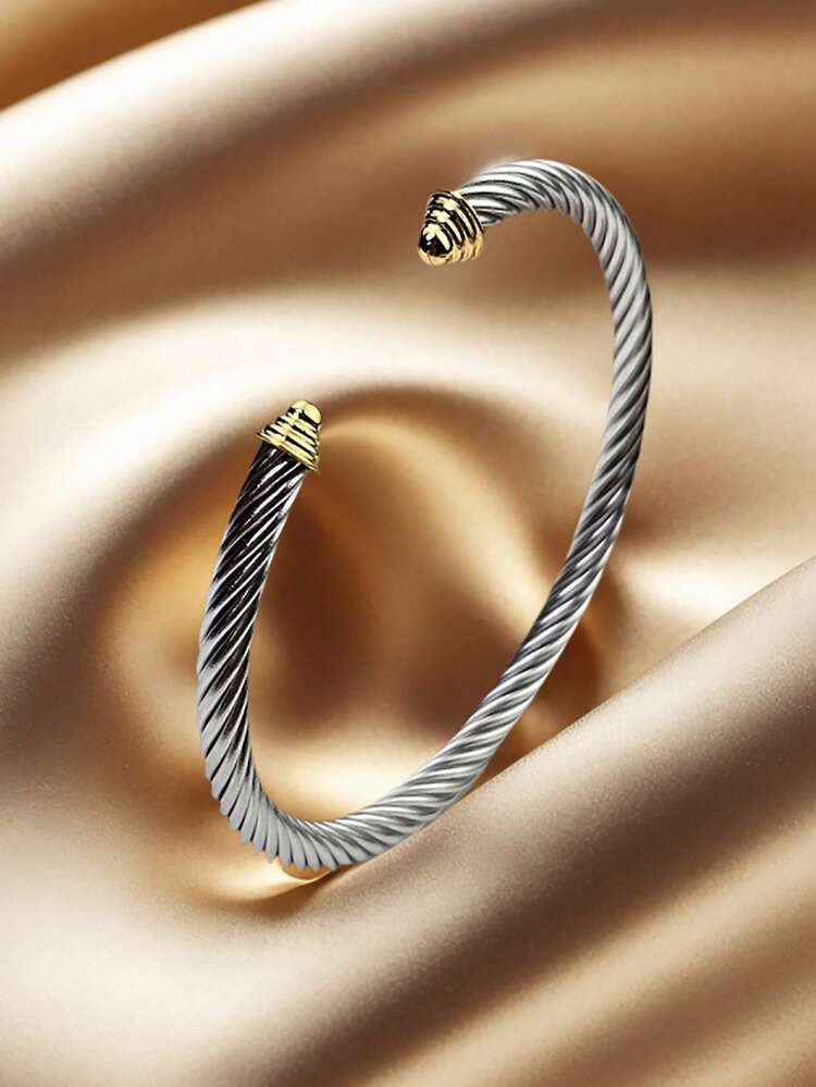 1pc Classic Minimalist 5mm Stainless Steel Cable Twist Adjustable Open Bangle With 18K Gold Plate... | SHEIN