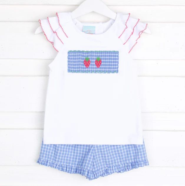 Strawberry Fields Smocked Knit Short Set Light Blue Windowpane | Classic Whimsy