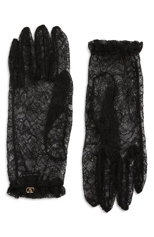 Valentino Garavani VLOGO Sheer Floral Lace Gloves in Nero/Oro at Nordstrom, Size 8 | Nordstrom