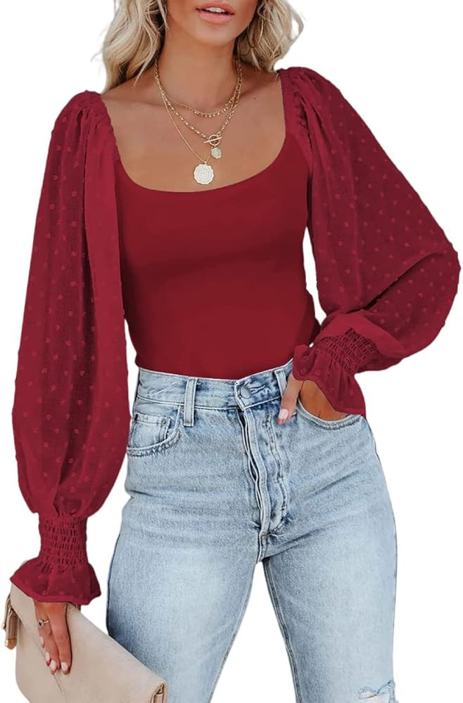 Tunlaud Women Square Neck Puff Long Sleeve Bodysuit Jumpsuit Off Shoulder Leotard Sheer Polka Dot... | Amazon (US)