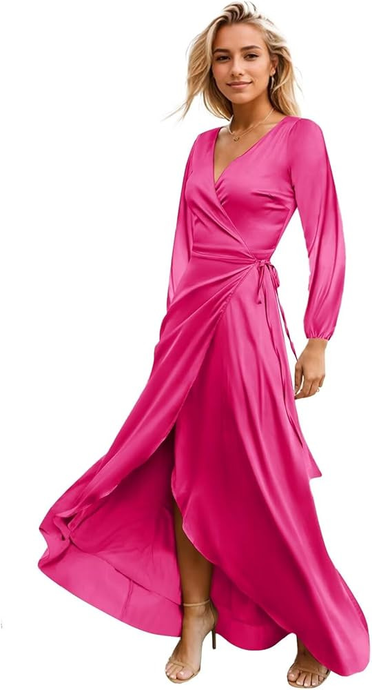 Long Sleeve Satin Bridesmaid Dresses with Slit Wrap V Neck Formal Evening Dress | Amazon (US)