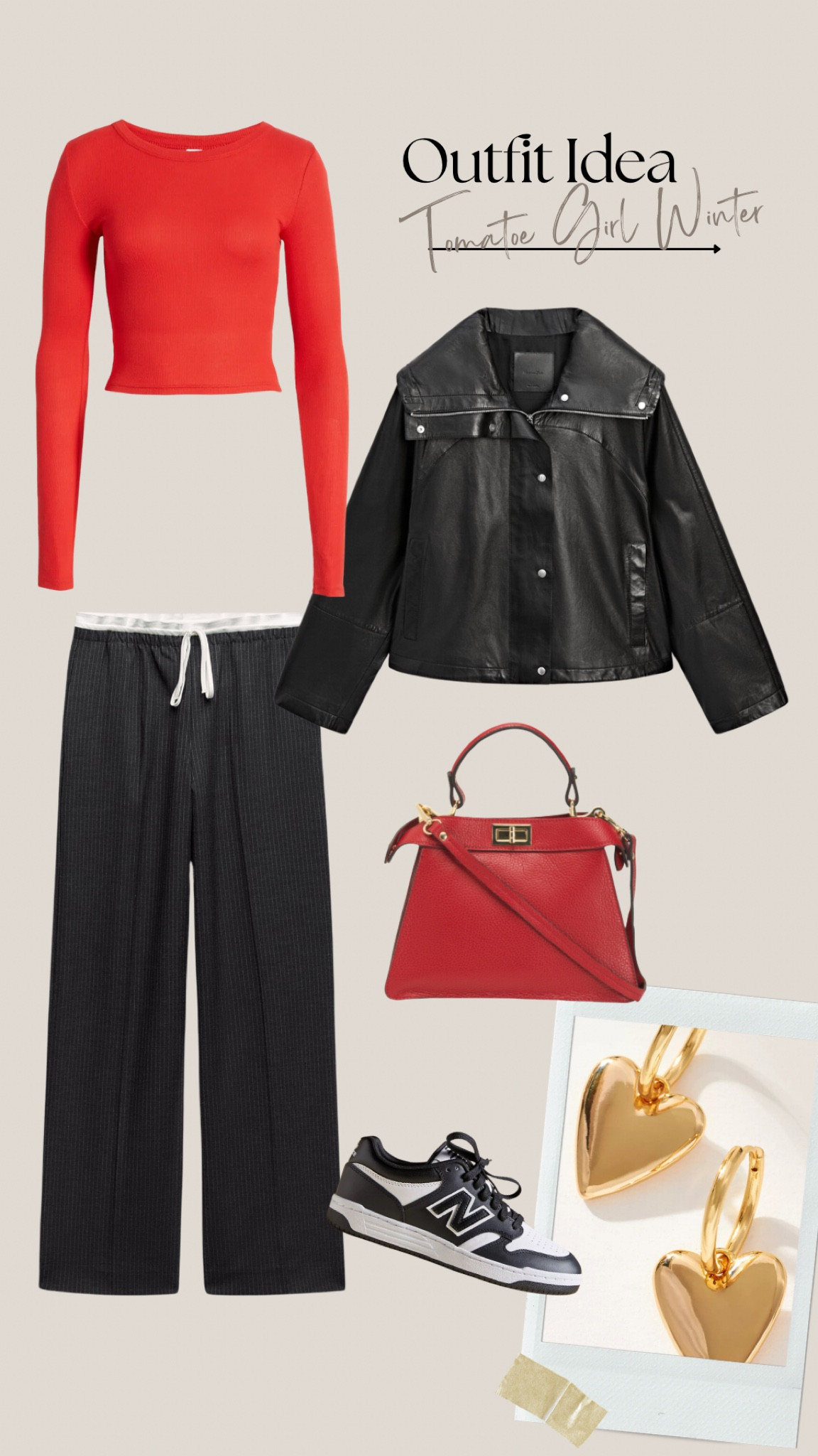 Tomato Girl Winter outfit inspo 

Trousers / Zara / Ref 4661/542 
Leather Jacket / Zara / Ref 4708/718

Tomato girl, tomato red outfit style inspo, casual outfit, dressy casual, red, minimal, elevated casuals, fendi peekaboo dupe, Valentine’s Day outfit style