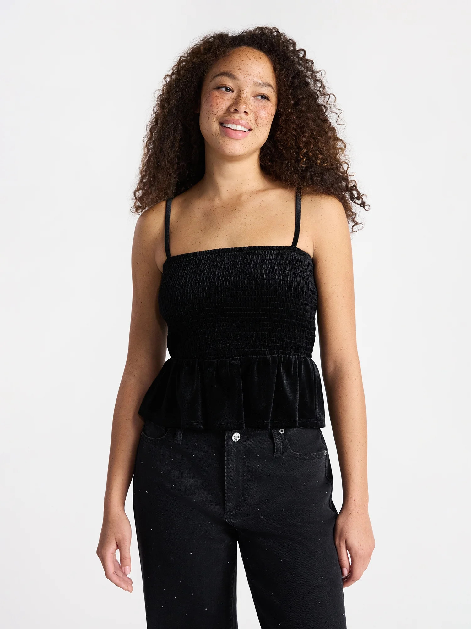 No Boundaries Velvet Smocked Peplum Cami, Women's | Walmart (US)