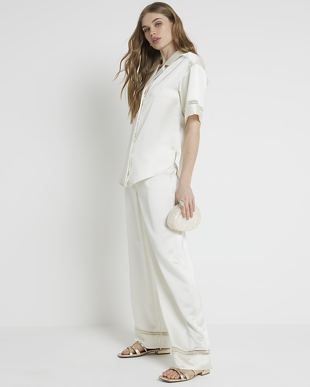 RI Studio Cream satin wide leg trousers | River Island (UK & IE)