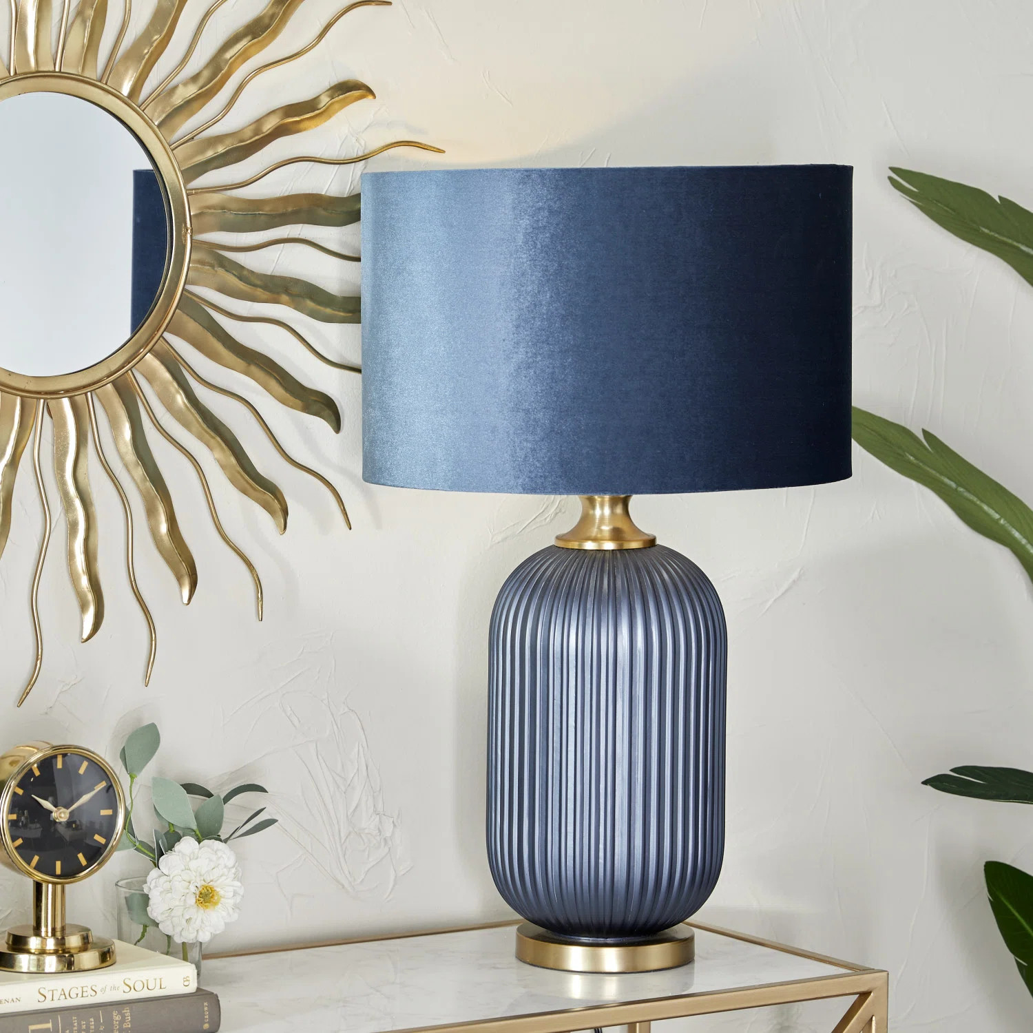 Ehrenberg Glass Ribbed Blue Table Lamp with Velvet Shade and Gold Accents | Wayfair North America