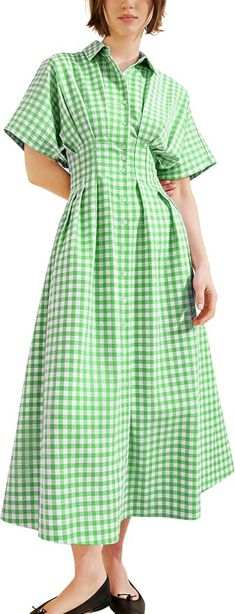 Yeokou Women Plaid Shirt Dress Short Sleeve Button Down Pleated Gingham A Line Maxi Dresses Casua... | Amazon (US)