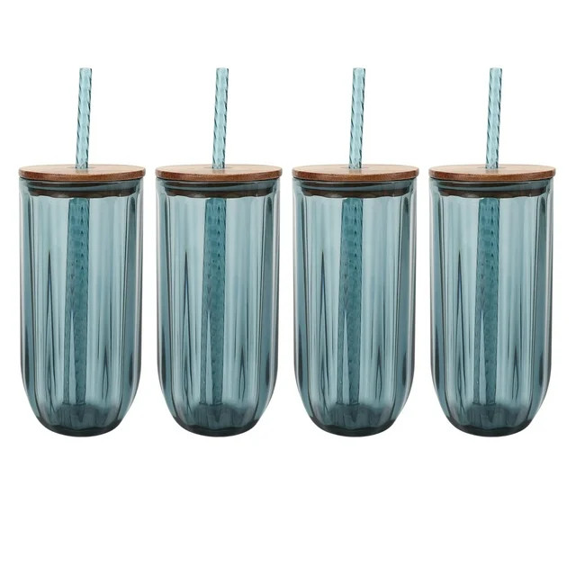 Better Homes & Gardens 4-Piece 21-Ounce Tritan Plastic Sipper and Straw with Acacia Wood Lid Set,... | Walmart (US)