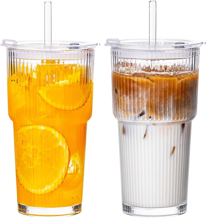 20oz Glass Tumblers with Straws and Lids 2 Pack, Ribbed Glass Cups, Leak Resistant Iced Coffee Cu... | Amazon (US)