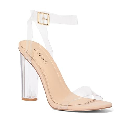 JustFab Women's Clear Chunky High Heels Sandals with Open Toe Ankle Strap Block Heels for Women Clear Shoes Dressy Perfect for Party and Dress Pumps - Hanna, 5.5 | Amazon (US)