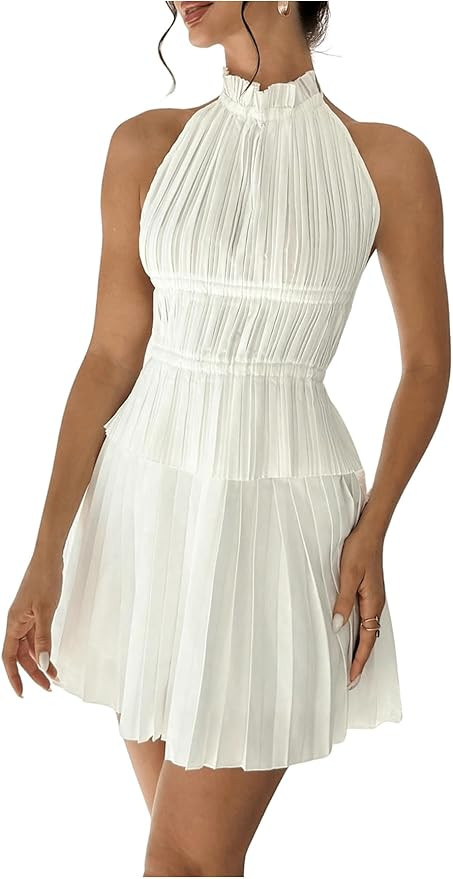 MakeMeChic Women's 2 Piece Outfits Tie Backless Halter Tops and Pleated Mini Skirt Sets | Amazon (US)