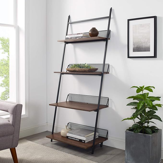 Walker Edison Modern Industrial Metal and Wood Ladder Bookcase Bookshelf Home Office Living Room ... | Amazon (US)