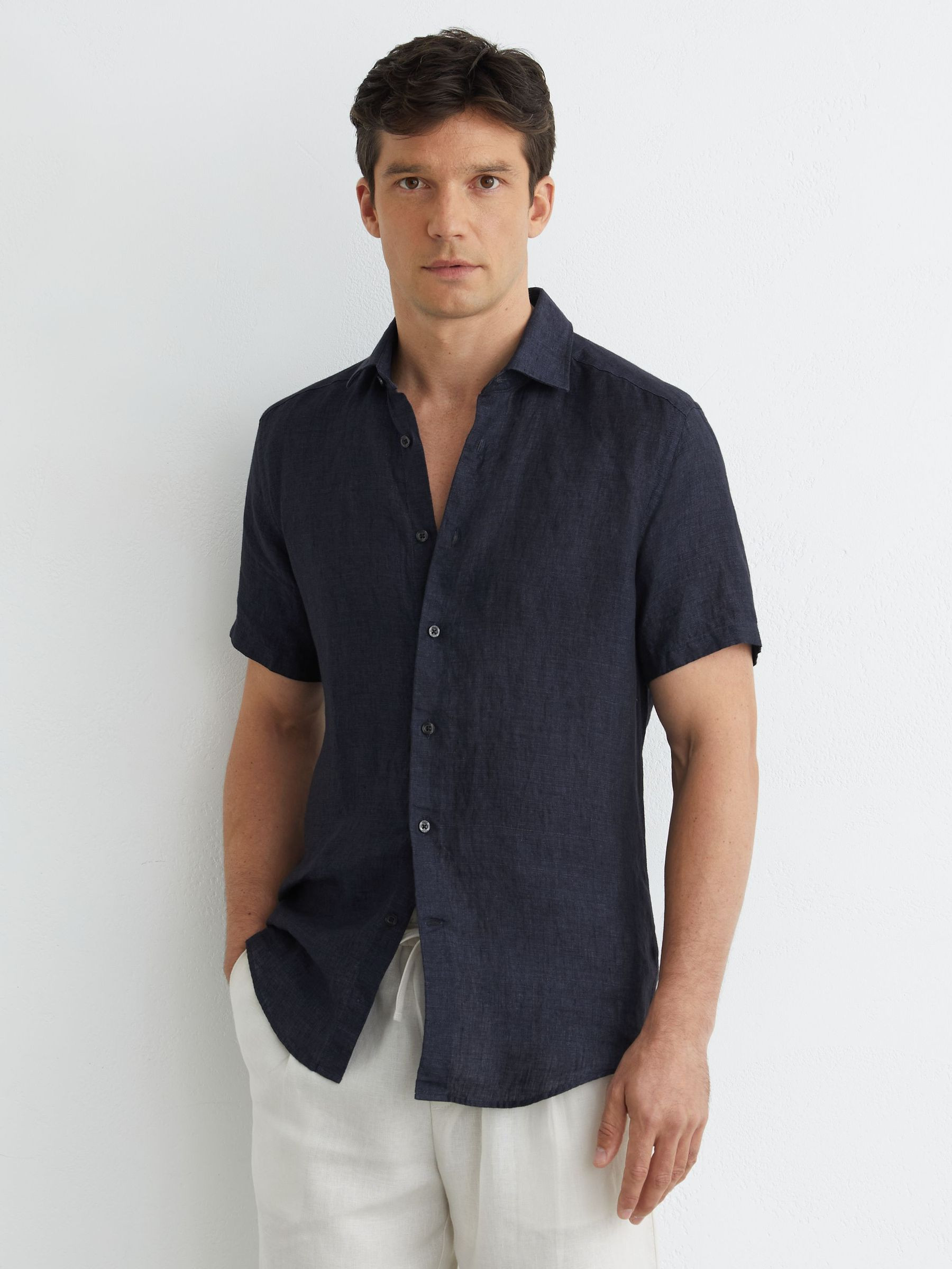 Reiss Slim Fit Linen Button-Through Shirt in Navy | REISS | Reiss US