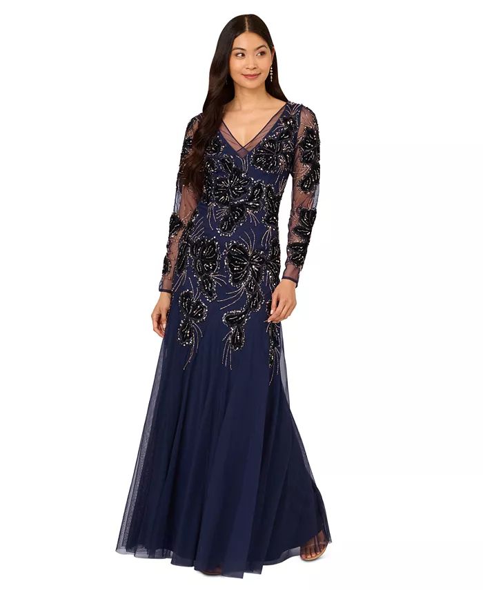 Women's Beaded Velvet-Appliqué Evening Gown | Macy's