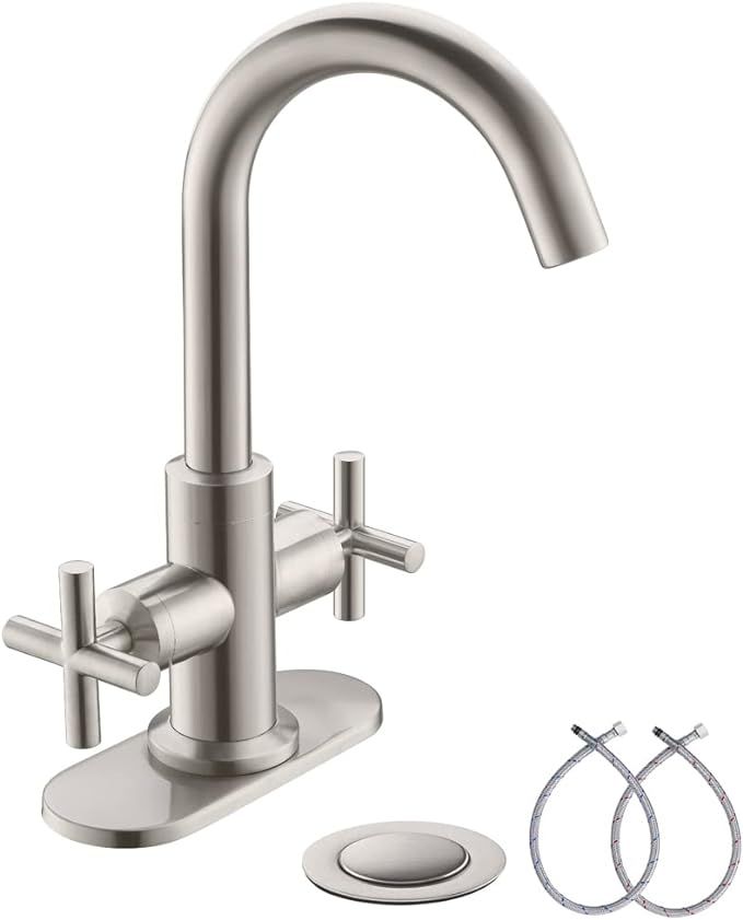 Brushed Nickel 2-Handle 4 Inch Centerset Bathroom Faucet with Drain,Deck Plate and Supply Hoses b... | Amazon (US)