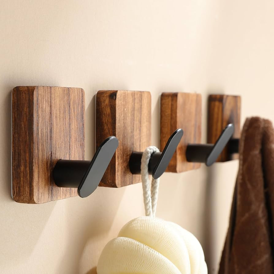 DELITON Towel Hooks for Bathrooms, 4 Pack Adhesive Wood Hooks for Hanging Robes, Towels, Coat, Ke... | Amazon (US)