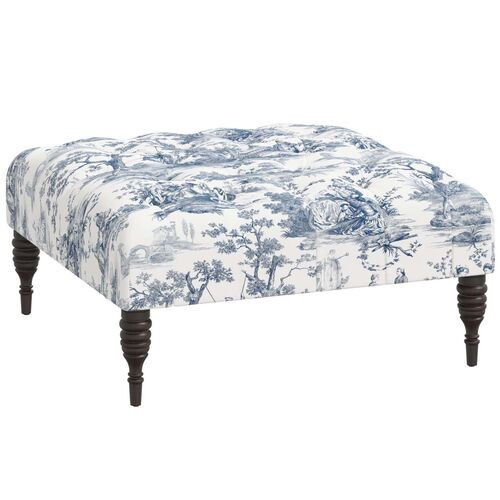 Elliot Tufted Cocktail Ottoman, Blue/White Chinoiserie | One Kings Lane