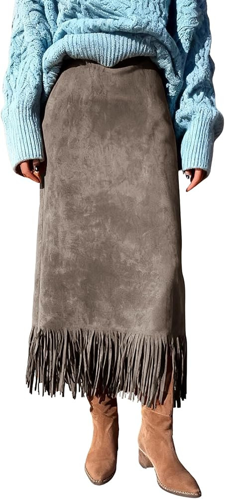 chouyatou Women's Fringe Trim Faux Suede Skirt High Waisted Pencil Dressy Fall Winter Midi Long S... | Amazon (US)