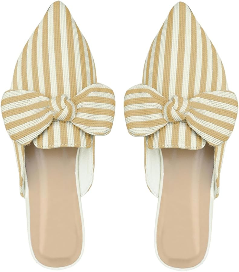 BEAUDRM Women's Bow Mules Dressy Pointed Toe Flat Shoes Backless Loafers Slide Sandals Casual Sli... | Amazon (US)