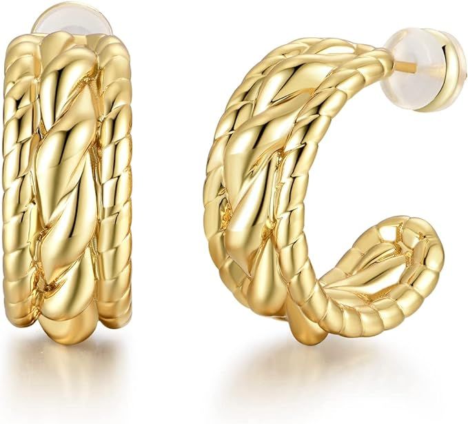 14K Gold Plated Wide Twisted Hoop Earrings with 925 Sterling Silver Post, Chunky Open Hoops Light... | Amazon (US)