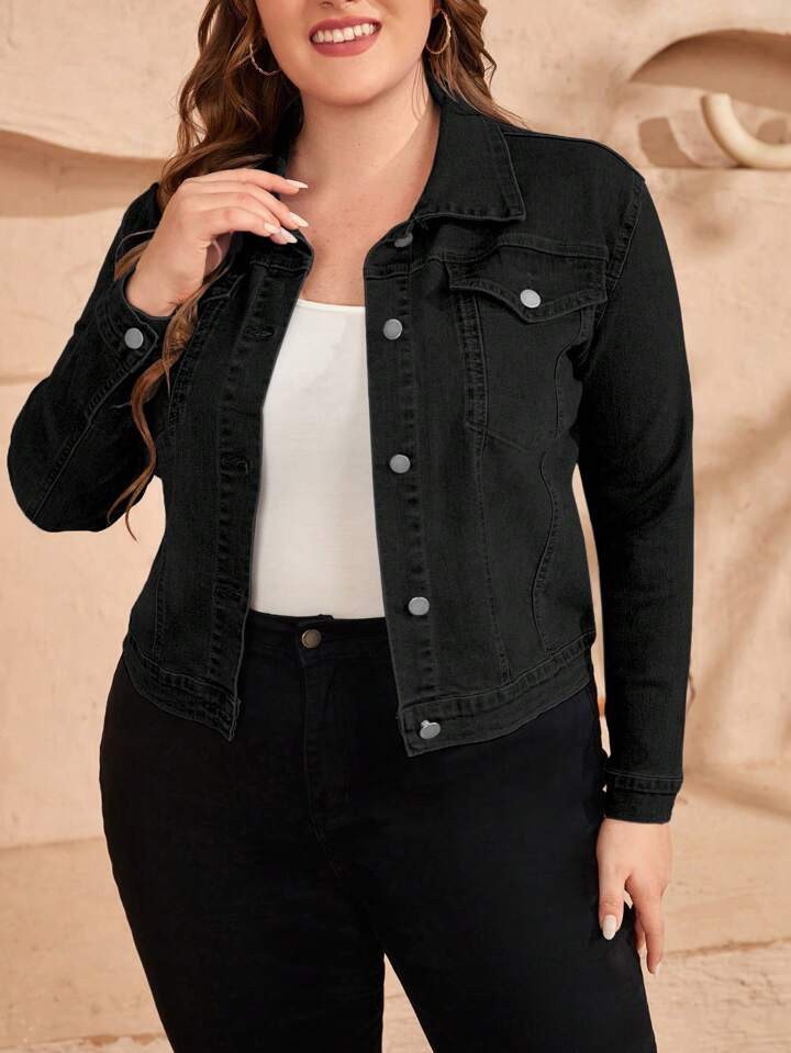 Plus Size Simple Front Button Long Sleeve Pocket Casual Denim Jacket | SHEIN
