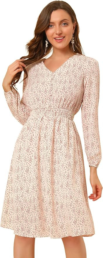 Allegra K Women's Valentine's Day Floral Print V-Neck Dress Smocked Waist Midi Dress | Amazon (US)