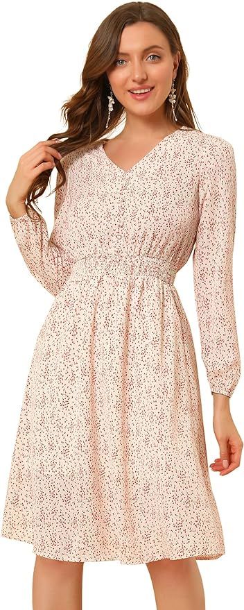 Allegra K Women's Valentine's Day Floral Print V-Neck Dress Smocked Waist Midi Dress | Amazon (US)