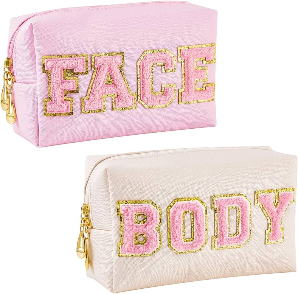2 Pcs Preppy Patch Makeup Bag Small Chenille Letter Cosmetic Bag Pu Leather Waterproof Toiletry B... | Amazon (US)