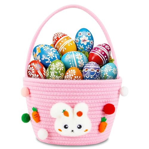 CCILAND Easter Basket for Kids, Empty Easter Egg Hunting Basket with Handle, Pink Bunny Rope Bucket Rabbit Easter Gifts Bag for Girls, Toddler | Amazon (US)