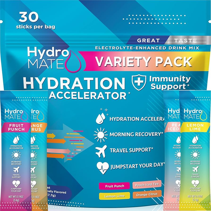 HydroMATE Electrolytes Powder Drink Mix Packets Hydration Accelerator Low Sugar Rapid Party Recov... | Amazon (US)