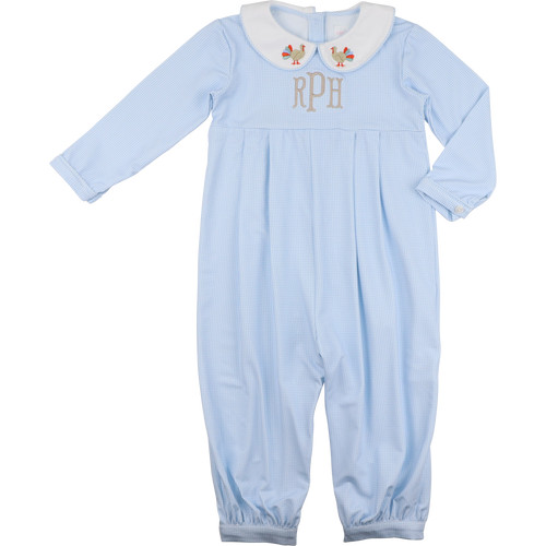Blue Knit Gingham Embroidered Turkey Long Romper | Cecil and Lou
