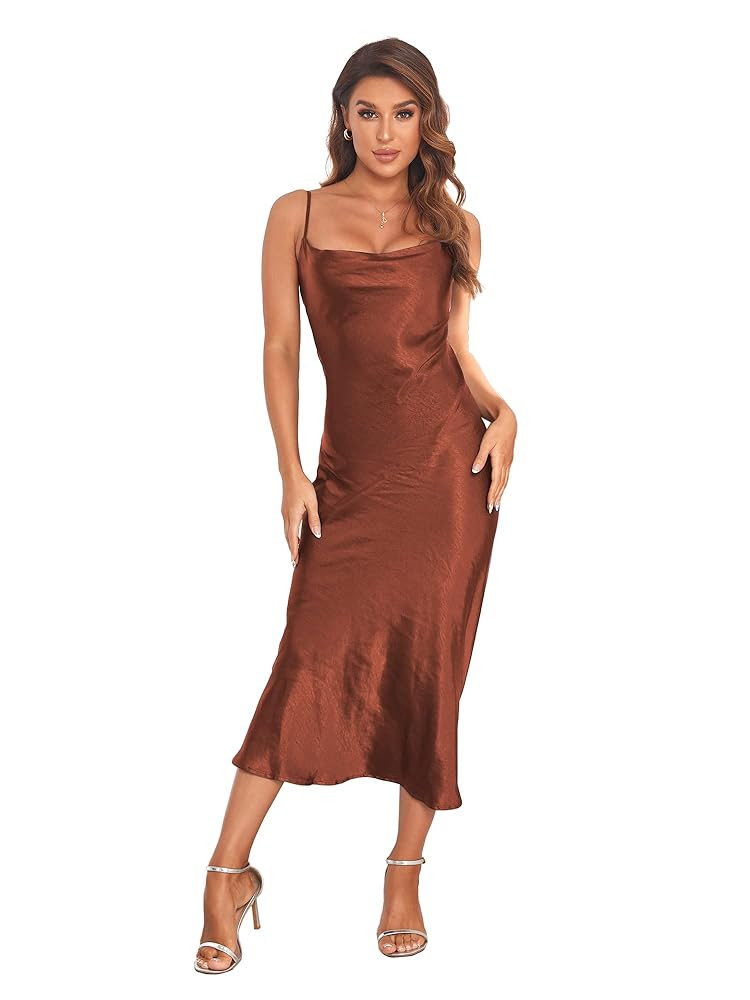 Women's Spaghetti Strap Midi Satin Silk Dresses Slip Cowl Neck Party Cocktail Evening Sexy Dress | Amazon (US)