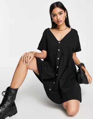 ASOS DESIGN button through mini smock dress with pockets in black | ASOS (Global)