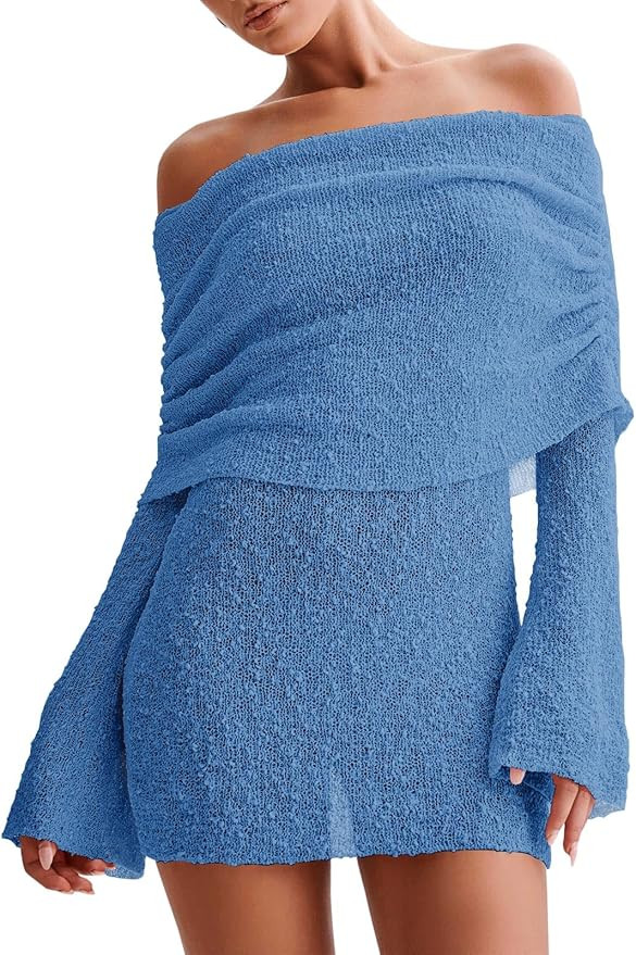 Imily Bela Womens Off The Shoulder Mini Dress Summer Long Bell Sleeve Sheer Beach Swimsuit Cover ... | Amazon (US)