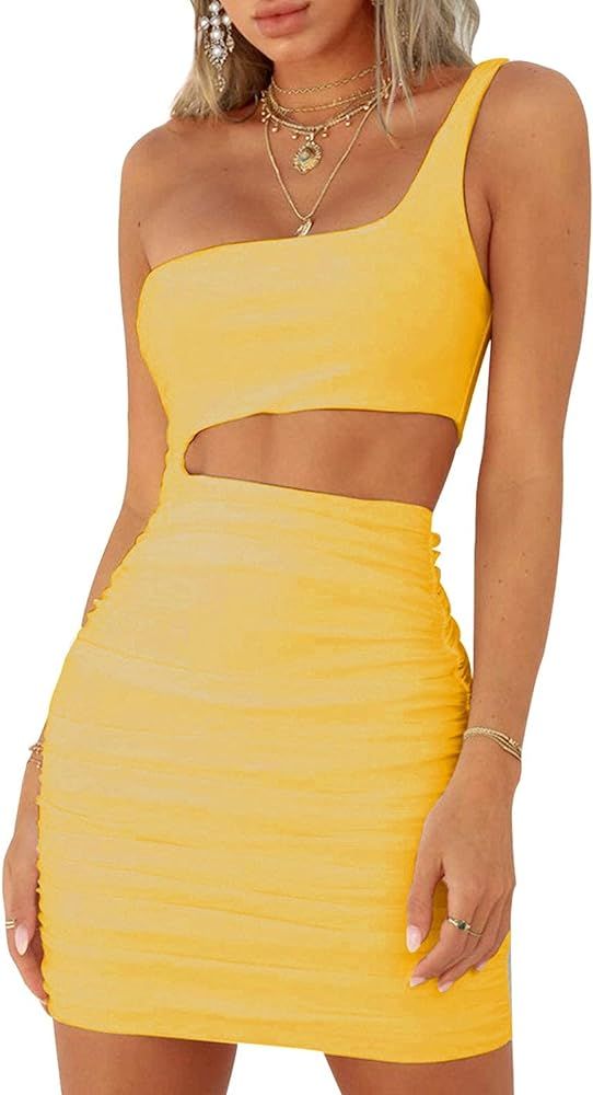 HOMELEX Womens Sexy One Shoulder Sleeveless Cutout Ruched Bodycon Mini Club Dress | Amazon (US)