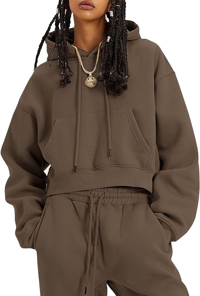 PEHMEA Women's 2 Piece Outfits Hoodies Crop Pullover and Joggers Pants Fleece Tracksuit Sweatsuit... | Amazon (US)
