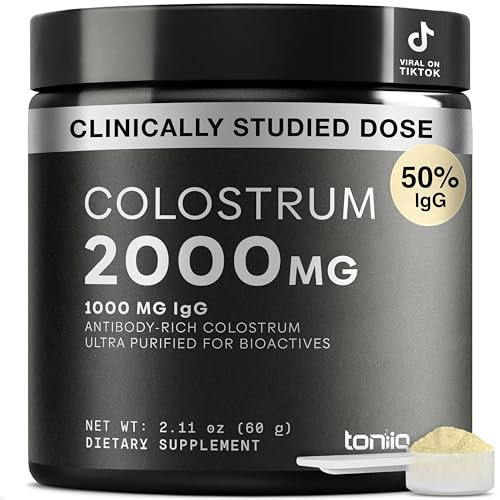 Toniiq Bovine Colostrum Powder Supplement 2000mg - 50% IgG for Gut Health, Immune Support & Skin - French Colostrum Farm-to-Jar Traceable, Microfiltered, Third-Party Tested - 30 Servings | Amazon (US)