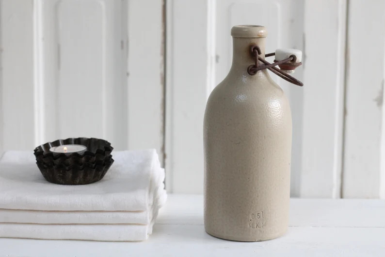 Vintage German beige glazed stoneware bottle with porcelain stopper and metal closing, primitive ... | Etsy (CAD)