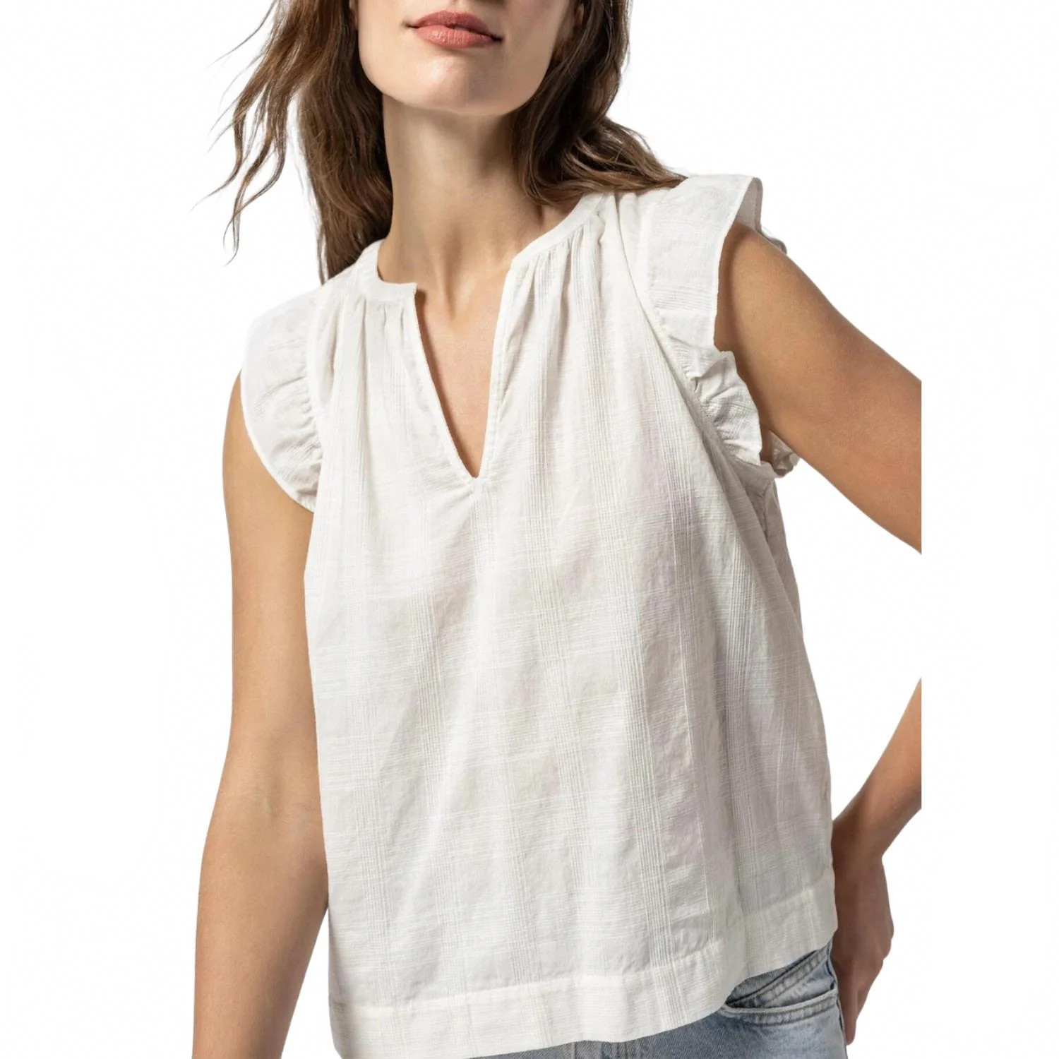 Women's Flutter Sleeve Split Neck Top In White | Shop Simon